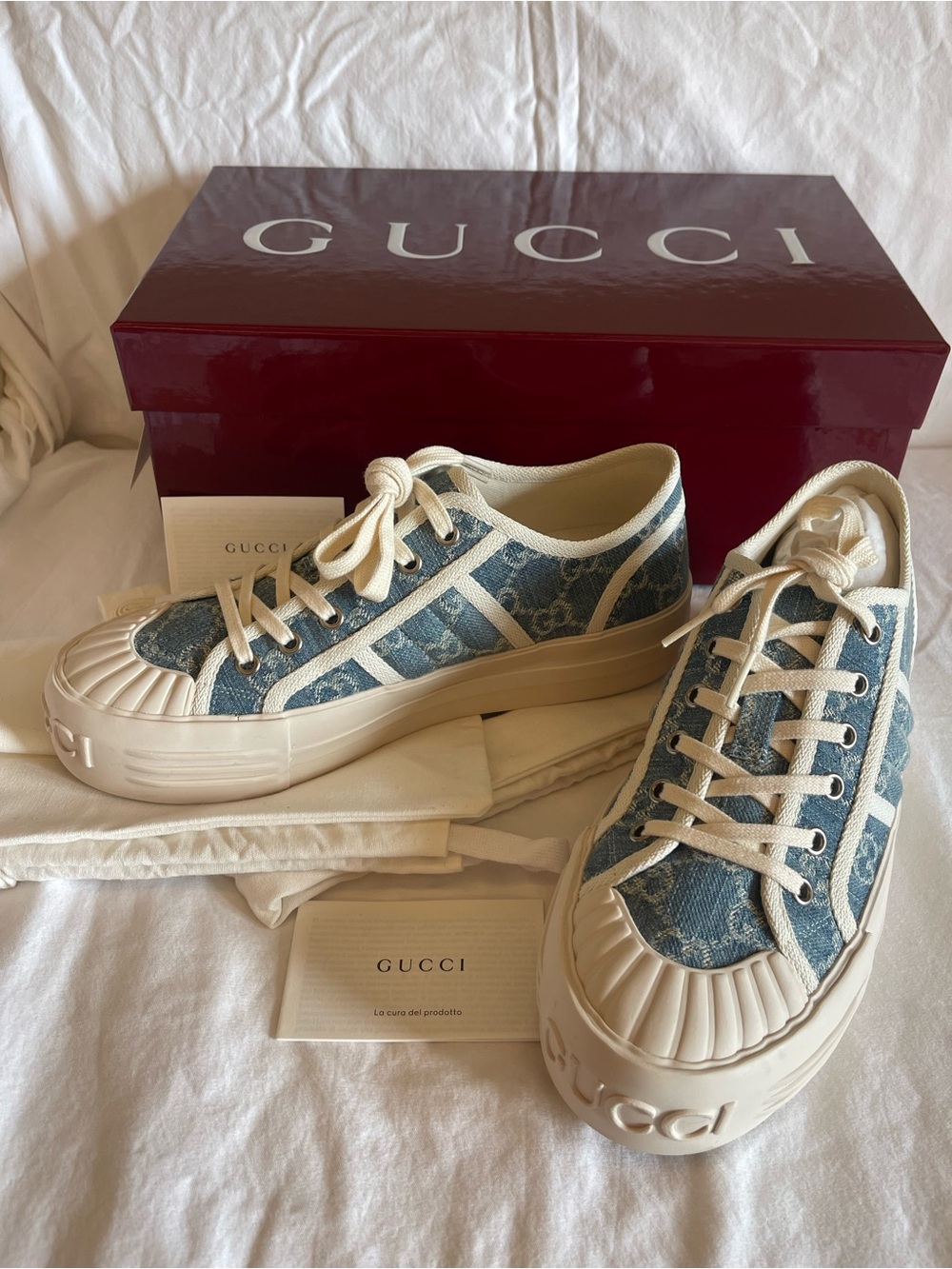 Gucci Denim GG Canvas Low-Top Sneakers in Blue and Cream